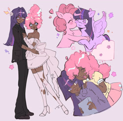 Size: 3703x3648 | Tagged: safe, artist:cupiepuff, imported from derpibooru, pinkie pie, twilight sparkle, alicorn, earth pony, human, pony, bride of frankenstein, clothes, dark skin, dress, eyes closed, female, females only, frankenstein's monster, heart, high heels, humanized, kiss on the cheek, kissing, lesbian, lesbian wedding, shipping, shoes, simple background, socks, sparkles, stockings, suit, thigh highs, twilight sparkle (alicorn), twinkie