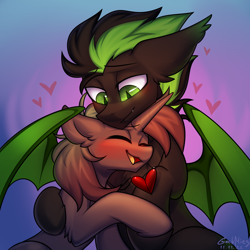 Size: 3400x3400 | Tagged: safe, artist:gicme, imported from derpibooru, oc, oc only, bat pony, pony, unicorn, bat pony oc, bat wings, blushing, bust, cuddling, cute, daaaaaaaaaaaw, duo, duo male, ear fluff, eyes closed, fangs, floppy ears, gay, happy, heart, hooves, horn, hug, jewelry, laughing, love, male, pendant, raised hoof, relationship, romance, shipping, simple background, size difference, smiling, snuggling, stallion, unicorn oc, wings
