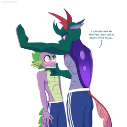 Size: 2048x2048 | Tagged: safe, artist:shallowwin, imported from derpibooru, pharynx, spike, anthro, changedling, changeling, dragon, blushing, clothes, domination, duo, duo male, height difference, implied gay, implied shipping, implied thoraxspike, larger male, male, older, older spike, prince pharynx, school uniform, shorts, simple background, size difference, smaller male, white background