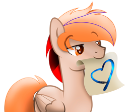 Size: 2440x2160 | Tagged: safe, artist:fededash, imported from derpibooru, oc, oc only, oc:fededash, pegasus, pony, drawing, eye clipping through hair, eyebrows, eyebrows visible through hair, folded wings, heart, high res, male, mouth hold, paper, pegasus oc, png, simple background, smiling, solo, stallion, transparent background, wings