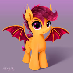 Size: 1800x1800 | Tagged: safe, artist:darksly, imported from derpibooru, scootaloo, bat pony, pony, bat ponified, commission, cute, cute little fangs, cutealoo, fangs, female, filly, foal, race swap, scootabat, solo