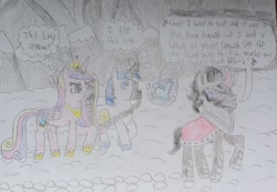 Size: 677x468 | Tagged: safe, artist:mr.myoozik, derpibooru exclusive, imported from derpibooru, king sombra, princess cadance, shining armor, alicorn, pony, unicorn, the crystal empire, angry, annoyed, armor, bad end, bite mark, blondie, captured, chains, cloud, crown, crystal, crystal heart, cutie mark, dark clouds, eyes closed, female, folded wings, footprint, gag, heart of glass (song), horn, jewelry, levitation, magic, magic suppression, male, mare, mountain, mountain range, muzzle gag, purple eyes, regalia, sad, sharp teeth, singing, slave, snow, song reference, speech bubble, stallion, teeth, telekinesis, text, the crystal empire 10th anniversary, thought bubble, traditional art, walking, wings