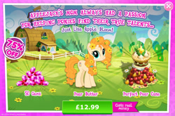 Size: 1965x1298 | Tagged: safe, imported from derpibooru, pear butter, earth pony, pony, advertisement, apple, cake, costs real money, english, female, flower, flower in hair, food, gameloft, gem, mare, mountain, mountain range, numbers, official, pear, sale, solo, text