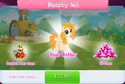 Size: 1271x858 | Tagged: safe, imported from derpibooru, pear butter, earth pony, pony, apple, bundle, cake, costs real money, english, female, flower, flower in hair, food, gameloft, gem, mare, mountain, mountain range, numbers, official, pear, sale, solo, solo focus, text