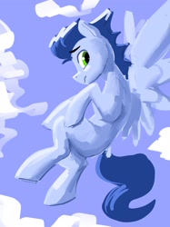 Size: 1535x2048 | Tagged: safe, artist:dimfann, imported from derpibooru, soarin', pegasus, pony, cloud, flying, looking at you, male, solo