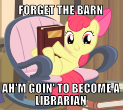 Size: 669x600 | Tagged: safe, edit, edited screencap, editor:twi clown, imported from derpibooru, screencap, apple bloom, earth pony, pony, somepony to watch over me, adorabloom, book, bow, caption, cute, female, filly, foal, image macro, looking at you, mare, smiling, text