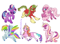 Size: 2030x1513 | Tagged: safe, artist:caffeinatedcarny, imported from derpibooru, applejack (g3), fluttershy (g3), pinkie pie (g3), rainbow dash (g3), rarity (g3), twilight twinkle, earth pony, pegasus, unicorn, beauty mark, body freckles, braid, cloven hooves, coat markings, colored wings, earth pony twilight, facial markings, feathered fetlocks, feathered wings, flying, freckles, g3, galloping, group, leonine tail, mane six, markings, multicolored wings, pale belly, pegasus pinkie pie, race swap, raised hoof, redesign, running, simple background, socks (coat markings), spread wings, star (coat marking), tail, transparent background, trotting, unicorn fluttershy, unshorn fetlocks, wings