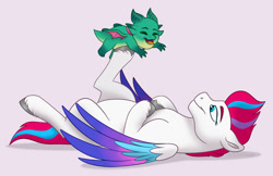 Size: 1111x719 | Tagged: safe, artist:bella-pink-savage, imported from derpibooru, zipp storm, dragon, pegasus, pony, colored wings, cute, daaaaaaaaaaaw, dragon wings, duo, duo male and female, eyebrows, eyes closed, female, folded wings, g5, lying down, male, mare, multicolored wings, on back, shadow, simple background, smiling, sparky sparkeroni, spread wings, white background, wings