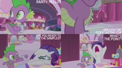 Size: 4400x2475 | Tagged: safe, edit, edited screencap, editor:quoterific, imported from derpibooru, screencap, rarity, spike, dragon, pony, unicorn, season 4, simple ways, carousel boutique, crying, cup, duo, female, male, mare, teacup