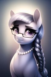 Size: 512x768 | Tagged: safe, imported from derpibooru, silver spoon, earth pony, pony, adult silver spoon, ai content, ai generated, braid, female, generator:novelai, glasses, jewelry, looking at you, necklace, older, older silver spoon, pearl necklace, purple eyes, smiling, smiling at you, solo