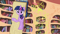 Size: 864x486 | Tagged: safe, edit, edited screencap, imported from derpibooru, screencap, twilight sparkle, alicorn, pony, testing testing 1-2-3, book, character swap, drawing, female, golden oaks library, i am not that tall, library, mare, solo, twilight sparkle (alicorn)