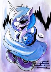 Size: 1134x1589 | Tagged: safe, artist:poxy_boxy, imported from derpibooru, dj pon-3, vinyl scratch, pony, unicorn, bust, commission, female, headphones, mare, music notes, open mouth, open smile, smiling, solo, traditional art, watercolor painting, watermark