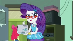 Size: 1920x1080 | Tagged: safe, imported from derpibooru, screencap, apple bloom, rarity, human, equestria girls, equestria girls series, happily ever after party, glasses, humanized, projector, rarity peplum dress, rarity's glasses