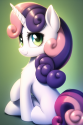 Size: 512x768 | Tagged: safe, imported from derpibooru, sweetie belle, pony, unicorn, abstract background, ai content, ai generated, female, filly, foal, generator:novelai, green eyes, looking at you, looking back, looking back at you, sitting, smiling, smiling at you, solo