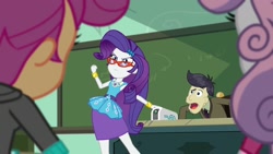 Size: 1920x1080 | Tagged: safe, imported from derpibooru, screencap, cranky doodle donkey, rarity, scootaloo, sweetie belle, human, equestria girls, equestria girls series, happily ever after party, glasses, humanized, projector, rarity peplum dress, rarity's glasses