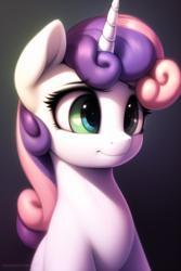 Size: 512x768 | Tagged: safe, imported from derpibooru, sweetie belle, pony, unicorn, ai content, ai generated, female, filly, foal, generator:novelai, green eyes, smiling, solo
