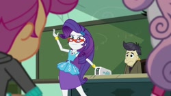 Size: 1920x1080 | Tagged: safe, imported from derpibooru, screencap, cranky doodle donkey, rarity, scootaloo, sweetie belle, human, equestria girls, equestria girls series, happily ever after party, glasses, projector, rarity peplum dress, rarity's glasses