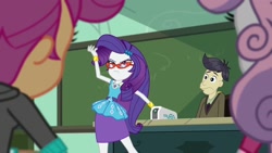 Size: 1920x1080 | Tagged: safe, imported from derpibooru, screencap, cranky doodle donkey, rarity, scootaloo, sweetie belle, human, equestria girls, equestria girls series, happily ever after party, glasses, humanized, projector, rarity peplum dress, rarity's glasses