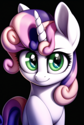 Size: 512x768 | Tagged: safe, imported from derpibooru, sweetie belle, pony, unicorn, ai content, ai generated, female, filly, foal, generator:novelai, green eyes, looking at you, smiling, smiling at you, solo