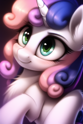 Size: 512x768 | Tagged: safe, imported from derpibooru, sweetie belle, pony, unicorn, ai content, ai generated, anatomically incorrect, blushing, chest fluff, ear fluff, female, filly, foal, generator:novelai, green eyes, smiling, solo