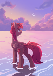 Size: 1240x1754 | Tagged: safe, artist:skysorbett, imported from derpibooru, oc, oc only, oc:hardy, alicorn, pony, alicorn oc, butt, cloud, commission, crescent moon, full body, horn, male, moon, plot, rear view, sky, solo, stallion, wings, ych result