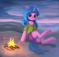 Size: 1200x1173 | Tagged: safe, artist:foxpit, imported from derpibooru, izzy moonbow, pony, unicorn, campfire, clothes, g5, shirt, shorts, solo, t-shirt