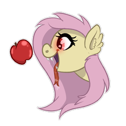 Size: 3000x3000 | Tagged: safe, artist:ponykittenboi, imported from derpibooru, fluttershy, bat pony, pony, advertisement, apple, bat ponified, drool, fangs, flutterbat, food, glowing, glowing eyes, hungry, open mouth, race swap, red eyes, redbubble, simple background, solo, sticker, tongue out, transparent background