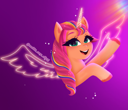 Size: 1443x1237 | Tagged: safe, artist:marihht, imported from derpibooru, sunny starscout, alicorn, pony, cute, female, g5, mare, open mouth, purple background, race swap, simple background, solo, sunnybetes, sunnycorn, unshorn fetlocks