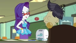 Size: 1920x1080 | Tagged: safe, imported from derpibooru, screencap, cranky doodle donkey, rarity, human, equestria girls, equestria girls series, happily ever after party, glasses, projector, rarity peplum dress, rarity's glasses