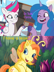 Size: 1452x1936 | Tagged: safe, edit, edited screencap, imported from derpibooru, screencap, izzy moonbow, zipp storm, zipzee, breezie, pegasus, pony, unicorn, the princess promenade, spoiler:g5, spoiler:my little pony: tell your tale, spoiler:tyts01e36, comic, cute, diabreezies, diazipzees, female, g3, g5, hoofbump, mare, my little pony: tell your tale, name joke, one eye closed, screencap comic, shipping:zippzzy, take flight in the marestream, wink