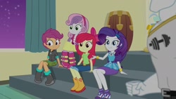 Size: 1920x1080 | Tagged: safe, imported from derpibooru, screencap, apple bloom, bulk biceps, rarity, scootaloo, sweetie belle, human, equestria girls, equestria girls series, happily ever after party, boots, clothes, cutie mark crusaders, hoodie, humanized, rarity peplum dress, shirt, shoes, shorts, skirt