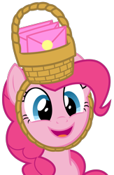 Size: 1569x2406 | Tagged: safe, artist:sketchmcreations, imported from derpibooru, pinkie pie, earth pony, pony, party of one, season 1, basket, envelope, female, invitation, mare, open mouth, open smile, simple background, smiling, solo, transparent background, vector