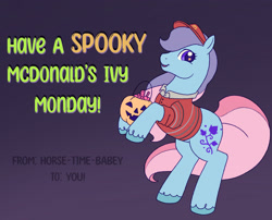 Size: 2048x1655 | Tagged: safe, artist:horse-time-babey, imported from derpibooru, ivy, earth pony, pony, card, clothes, g2, greeting card, halloween, holiday, mcdonald's, mcdonald's ivy, shirt, solo, visor