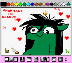 Size: 504x440 | Tagged: safe, artist:jargon scott, imported from derpibooru, oc, oc only, oc:anon-mare, earth pony, pony, female, floating heart, heart, mare, mario paint, pixel art, solo, text