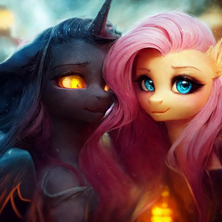 Size: 1408x1408 | Tagged: safe, derpibooru exclusive, editor:bigcheese, imported from derpibooru, fluttershy, oc, pegasus, pony, unicorn, ai assisted, ai content, ai generated, duo, duo female, female, generator:stable diffusion