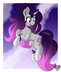 Size: 1940x2266 | Tagged: safe, artist:gnashie, imported from derpibooru, oc, oc only, oc:wispy nebula, unicorn, abstract background, bangles, bracelet, choker, cloud, ear piercing, earring, ethereal mane, happy, horn, horn piercing, jewelry, long mane, long tail, open mouth, piercing, sky, starry mane, stars, tail, unicorn oc