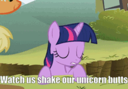 Size: 355x245 | Tagged: safe, edit, edited screencap, imported from derpibooru, screencap, applejack, twilight sparkle, pony, unicorn, feeling pinkie keen, season 1, animated, butt shake, caption, cropped, cute, ditch, fit right in (g5), g4, g5, gif, hip, image macro, my little pony: a new generation, offscreen character, solo focus, tail, tail wag, text, twilight sparkle is not amused, unamused, unicorn twilight, watch us shake our unicorn butts