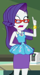 Size: 523x989 | Tagged: safe, imported from derpibooru, screencap, rarity, human, equestria girls, equestria girls series, happily ever after party, belt, bracelet, clothes, cropped, cutie mark on clothes, finger up, frilly design, geode of shielding, glasses, gold, hairpin, hand behind back, happily ever after party: rarity, jewelry, looking offscreen, magical geodes, pencil skirt, pendant, rarity peplum dress, rarity's glasses, skirt, sleeveless, sleeveless tank top, solo