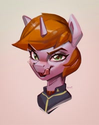 Size: 1618x2048 | Tagged: safe, artist:annna markarova, imported from derpibooru, oc, oc:littlepip, pony, unicorn, fallout equestria, blushing, bust, licking, licking lips, solo, tongue out