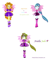 Size: 1162x1400 | Tagged: safe, artist:prettycelestia, imported from derpibooru, adagio dazzle, sonata dusk, oc, oc:ariella jade, equestria girls, boots, disguise, disguised siren, double skirt, four eyes, fusion, fusion:adagio dazzle, fusion:sonagio, fusion:sonata dusk, gem, headband, high heel boots, ponied up, shoes, siren gem, sirenified, species swap