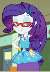 Size: 629x916 | Tagged: safe, imported from derpibooru, screencap, rarity, human, equestria girls, equestria girls series, happily ever after party, accessory, cropped, eyes closed, glasses, rarity peplum dress, solo