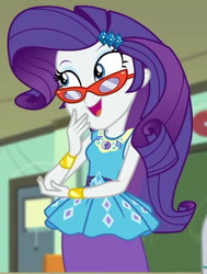 Size: 693x918 | Tagged: safe, imported from derpibooru, screencap, rarity, human, equestria girls, equestria girls series, happily ever after party, cropped, glasses, rarity peplum dress, solo