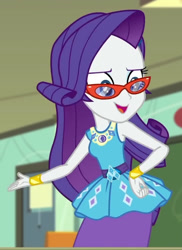 Size: 701x961 | Tagged: safe, imported from derpibooru, screencap, rarity, human, equestria girls, equestria girls series, happily ever after party, belt, bracelet, clothes, cropped, cutie mark on clothes, eyeshadow, frilly design, geode of shielding, glasses, gold, hairpin, hand on hip, hand out, happily ever after party: rarity, jewelry, magical geodes, makeup, pencil skirt, pendant, rarity peplum dress, rarity's glasses, skirt, sleeveless, sleeveless tank top, solo