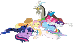 Size: 1435x849 | Tagged: safe, artist:pascalmulokozi2, edit, edited screencap, imported from derpibooru, screencap, applejack, discord, fluttershy, pinkie pie, princess celestia, princess luna, rainbow dash, rarity, spike, twilight sparkle, alicorn, draconequus, dragon, earth pony, pegasus, pony, unicorn, season 9, the ending of the end, spoiler:s09, background removed, butt, defeat, defeated, mane seven, mane six, not a vector, rainbutt dash, scared, simple background, transparent background, twilight sparkle (alicorn), winged spike, wings