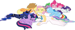 Size: 1325x548 | Tagged: safe, artist:pascalmulokozi2, edit, edited screencap, imported from derpibooru, screencap, applejack, fluttershy, pinkie pie, princess celestia, princess luna, rainbow dash, rarity, spike, twilight sparkle, alicorn, draconequus, dragon, earth pony, pegasus, pony, unicorn, season 9, the ending of the end, spoiler:s09, background removed, butt, mane seven, mane six, nose in the air, rainbutt dash, simple background, transparent background, twilight sparkle (alicorn), winged spike, wings