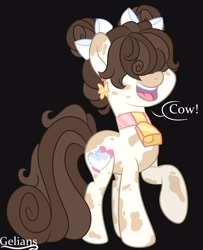 Size: 3325x4096 | Tagged: safe, artist:gelians, artist:pegasisterartmlp, imported from derpibooru, oc, oc only, cow, earth pony, pony, bell, black background, cowbell, earth pony oc, female, open mouth, simple background, solo