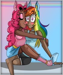 Size: 1005x1202 | Tagged: safe, artist:berriiparfait, imported from derpibooru, pinkie pie, rainbow dash, human, blushing, breasts, clothes, dark skin, duo, eared humanization, female, humanized, lesbian, pinkiedash, shipping, shorts