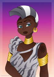 Size: 1280x1810 | Tagged: safe, artist:lavenderrain24, imported from derpibooru, zecora, human, zebra, african, breasts, busty zecora, cleavage, clothes, dark skin, dress, ear piercing, earring, female, gradient background, humanized, jewelry, mohawk, neck rings, piercing, solo, zebra stripes