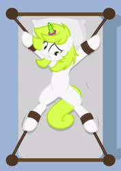 Size: 1536x2166 | Tagged: safe, artist:equestria secret guard, imported from derpibooru, oc, oc only, oc:mask薇薰, pony, unicorn, armpits, bed, belly button, bondage, eyebrows, featureless crotch, female, frown, helpless, horn, horn ring, lying down, magic suppression, on back, on bed, ring, rope, rope bondage, scared, sexy, solo, spread eagle, teeth, tied to bed, tied up, unicorn oc