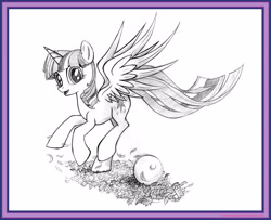 Size: 3923x3192 | Tagged: safe, artist:uminanimu, imported from derpibooru, twilight sparkle, alicorn, pony, ball, female, leaves, monochrome, solo, spread wings, traditional art, twilight sparkle (alicorn), wings